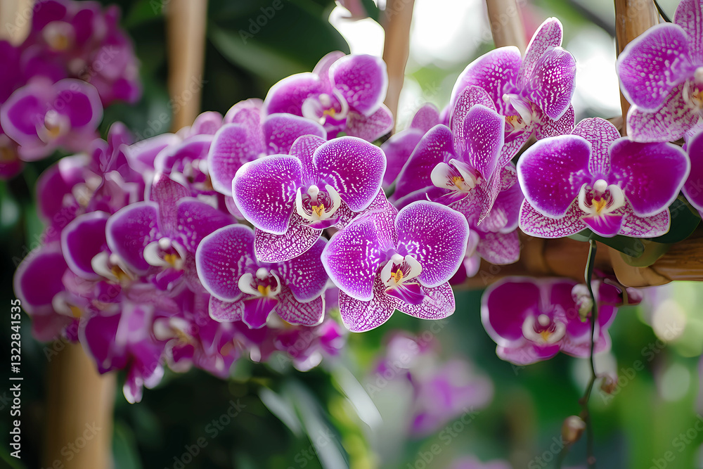 A bed of blooming orchids with delicate purple and white petals, creating a serene and elegant floral display A bed of blooming orchids with delicate purple and white petals, creating a serene and elegant floral display