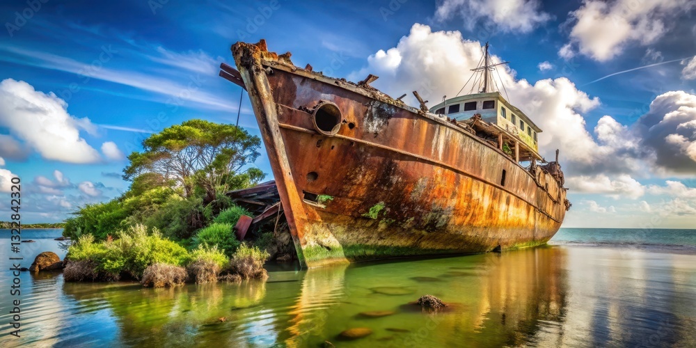 A dilapidated vessel is partially submerged in seawater, with vegetation growing on its rusted hull and debris scattered around it , abandoned ship, time erosion A dilapidated vessel is partially submerged in seawater, with vegetation growing on its rusted hull and debris scattered around it , abandoned ship, time erosion