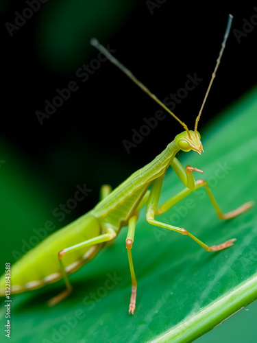 Close view of a leaf mantid (Choeradodis rhombicollis) assumes its threat postu re.; Barro Colorado Island, Panama photo