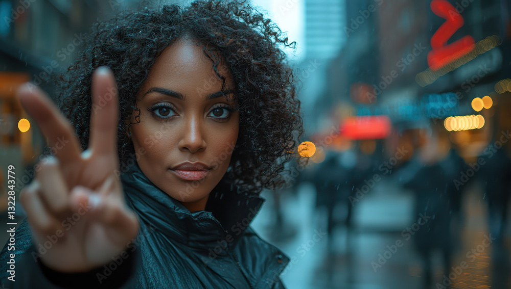 A Black woman is making a gesture with her hand, looking at the camera.