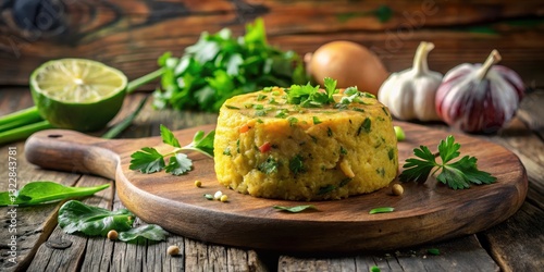 Mofongo being mashed with garlic and herbs on a wooden cutting board surrounded by fresh cilantro and lime wedges in a rustic kitchen setting , herbs, puerto rico