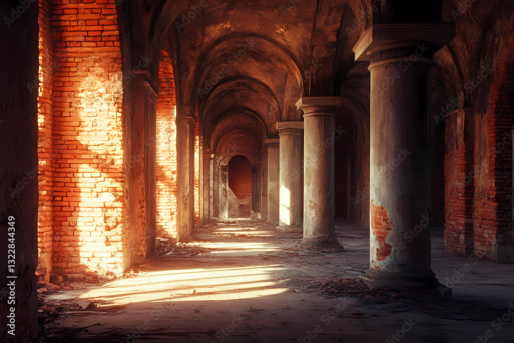 Fototapeta premium Dramatic Sunlit Cracks Illuminate Abandoned Hallway with Mysterious Atmosphere and Timeless Elegance In Rustic Ambience