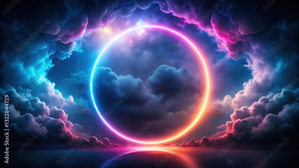 Obraz premium A vibrant neon ring radiates light within a turbulent stormy cloud against a dark and ominous sky backdrop , cloud, sky, cloud