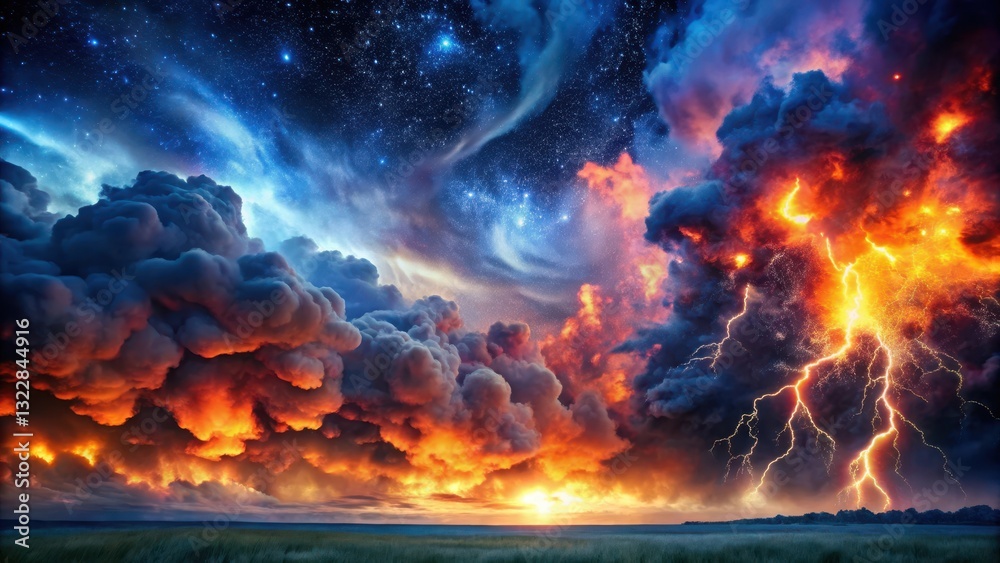 A majestic stormy sky with dark, twisted clouds and vibrant flames erupting from the horizon, set against a deep blue background with scattered stars , fiery explosion, atmospheric turmoil A majestic stormy sky with dark, twisted clouds and vibrant flames erupting from the horizon, set against a deep blue background with scattered stars , fiery explosion, atmospheric turmoil