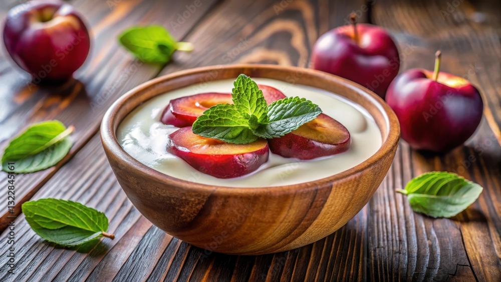 A close-up shot of creamy yogurt with a sweet red ripe plum on top, surrounded by fresh mint leaves and served in a rustic wooden bowl A close-up shot of creamy yogurt with a sweet red ripe plum on top, surrounded by fresh mint leaves and served in a rustic wooden bowl