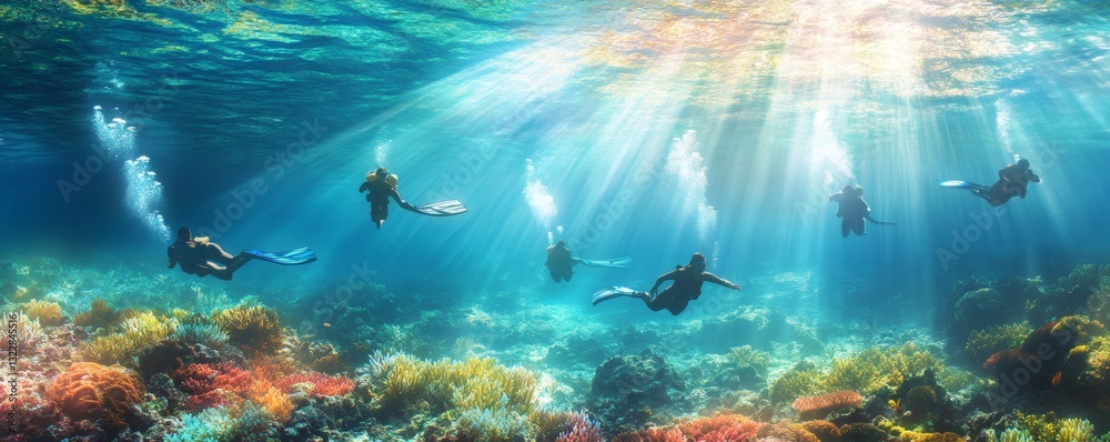 Fototapeta premium Several scuba divers explore vibrant coral reefs in the ocean depths