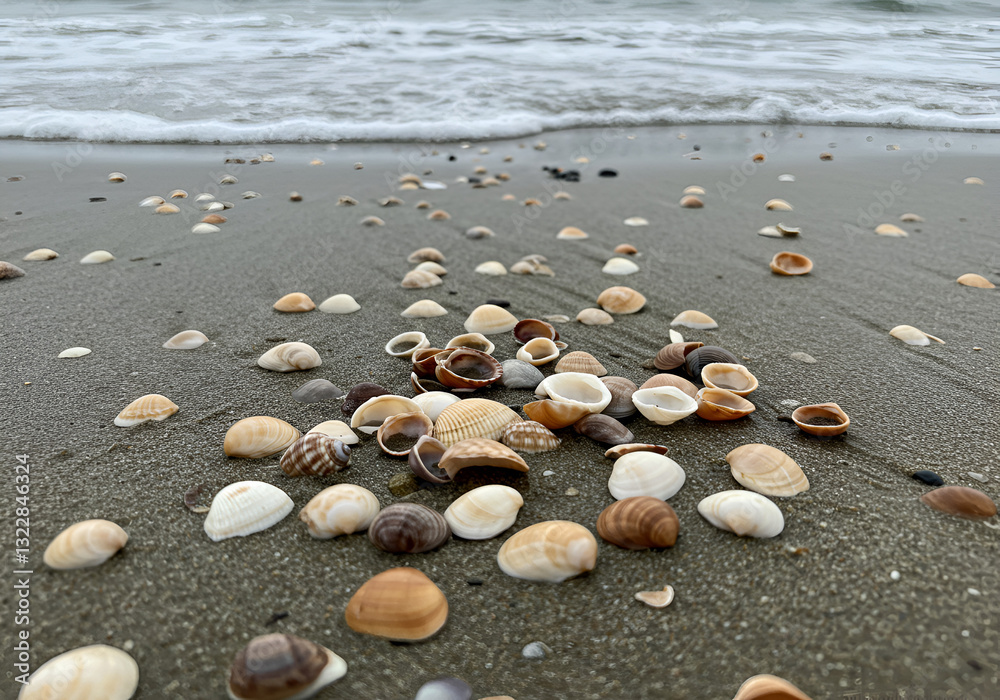A collection of colorful seashells scattered across wet sand as waves recede A collection of colorful seashells scattered across wet sand as waves recede