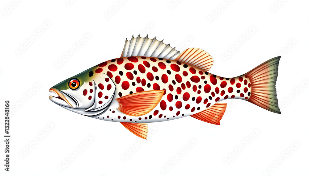Fototapeta premium Coral trout on white. Leopard coral groupe, or leopard coral trou. Realistic illustration Sea bass PNG, Paper Cutout style. with white shades