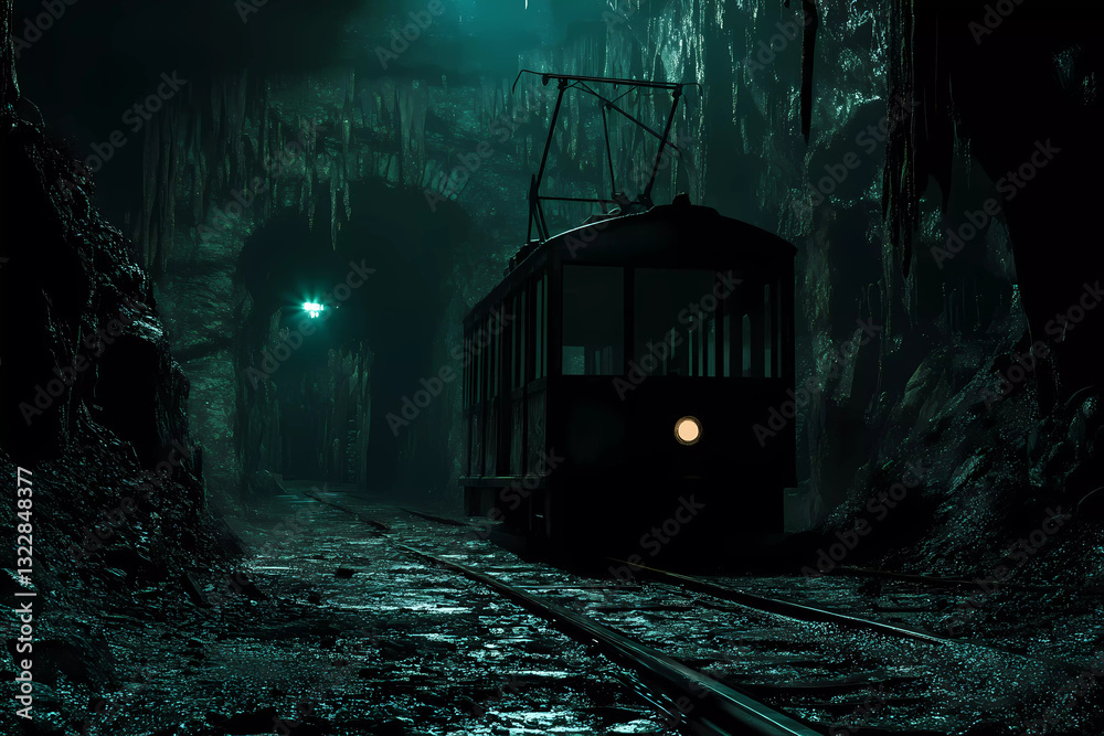 Naklejka premium Weathered trolley making its way through a dark underground tunnel, evoking a sense of industrial age exploration
