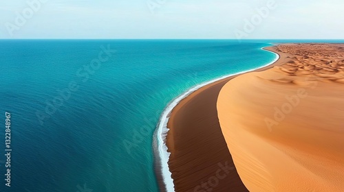 Aerial landscape abstract background concept. A stunning aerial view of a desert meeting the turquoise ocean shoreline.