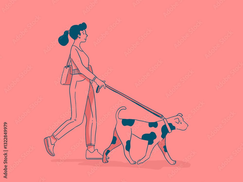 © Xènia Besora Sala/Stocksy - Woman and dog walking on coral background