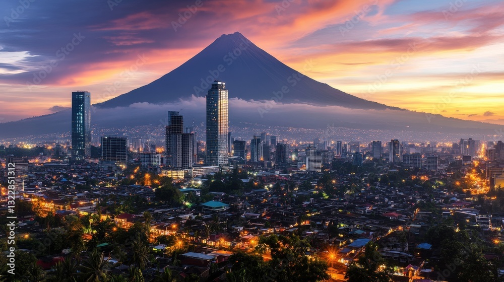 Naklejka premium A city skyline in the shadow of a massive volcanic peak, showing the coexistence of urban life and nature raw power