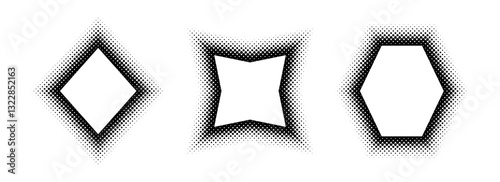Black halftone geometric frame set. Dotted gradient border collection. Pop art comic picture holder design for banner template, copy space, emblem, poster element. Vector rasterized geo framing pack