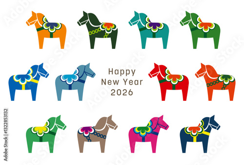 カラフルで可愛い北欧風の馬のアイコンを並べた、2026年午年の年賀状