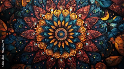 A vibrant, intricate mandala design combining rich colors and detailed patterns, perfect for backgrounds, art projects, and creative digital uses, evoking a sense of harmony and be