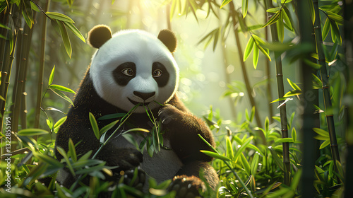 panda sitting peacefully in a lush green bamboo forest,