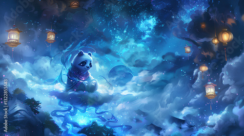Panda sitting on a floating cloud under a starry sky