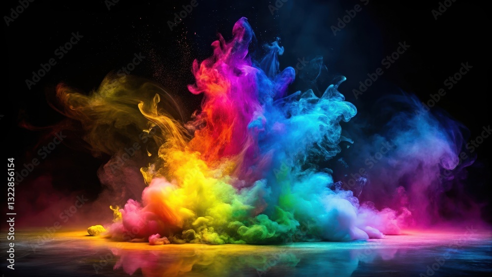 Vibrant colorful gradient splash on a black background with smoke in spotlight Vibrant colorful gradient splash on a black background with smoke in spotlight