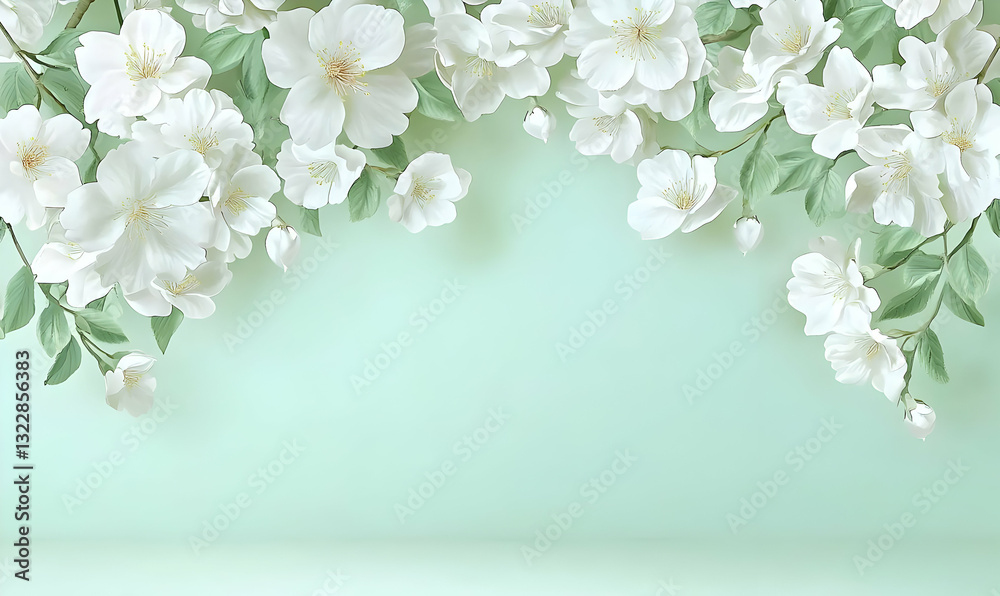 Fototapeta premium Delicate White Flowers Frame on Soft Mint Background for Design