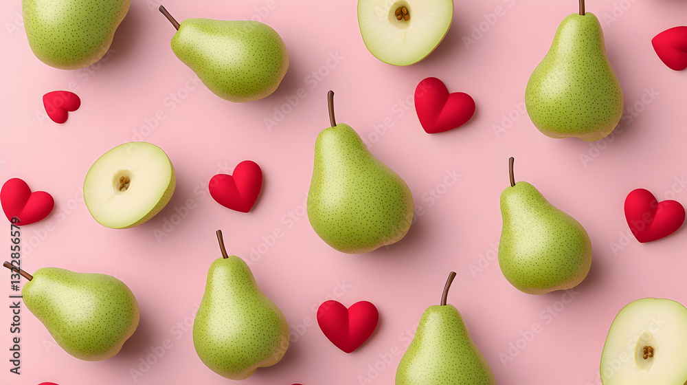 Fresh Pears and Hearts on Pink Background for Romantic Concept Fresh Pears and Hearts on Pink Background for Romantic Concept