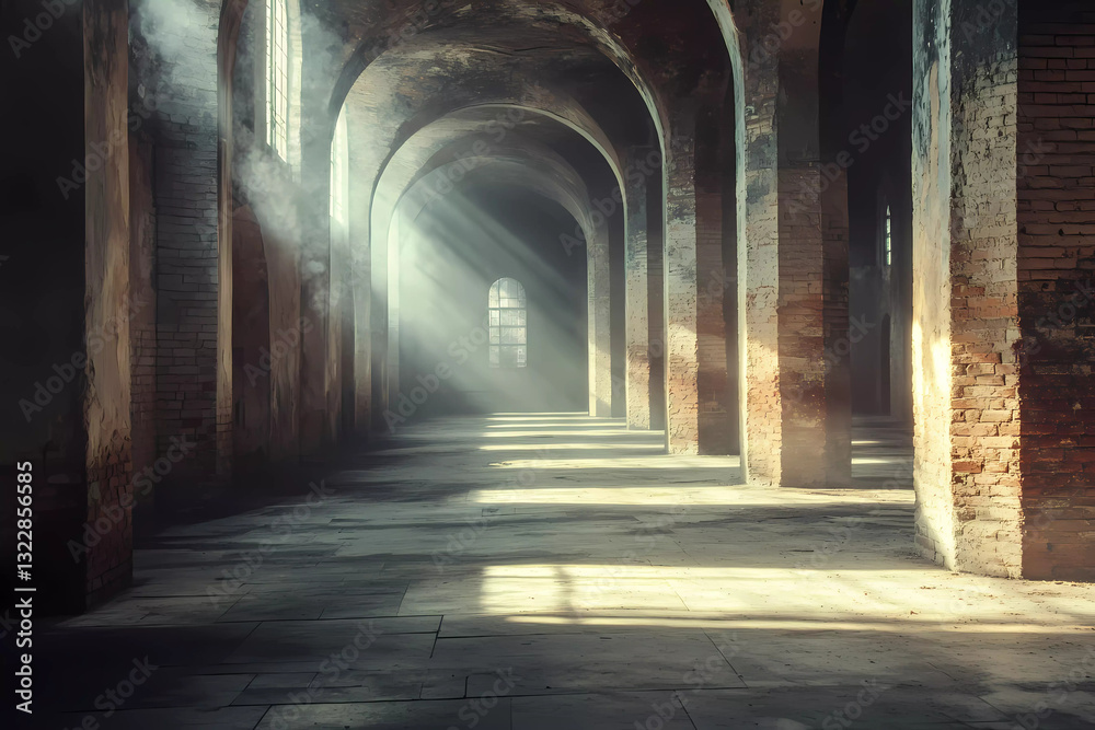Obraz premium Sunlight filters into a dusty hall, casting long shadows and evoking nostalgic architectural beauty gracefully