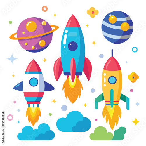 A cartoon drawing of a rocket with the moon and stars on it