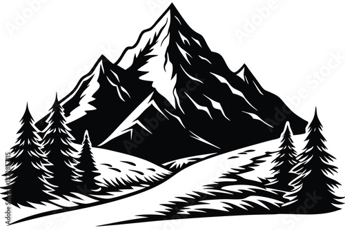 Mountain trekking person silhouette vector illustration isolated on a white background
