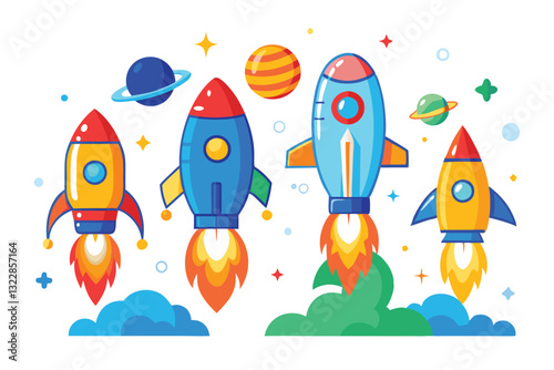 A cartoon rocket ship blasting off into space on a white background