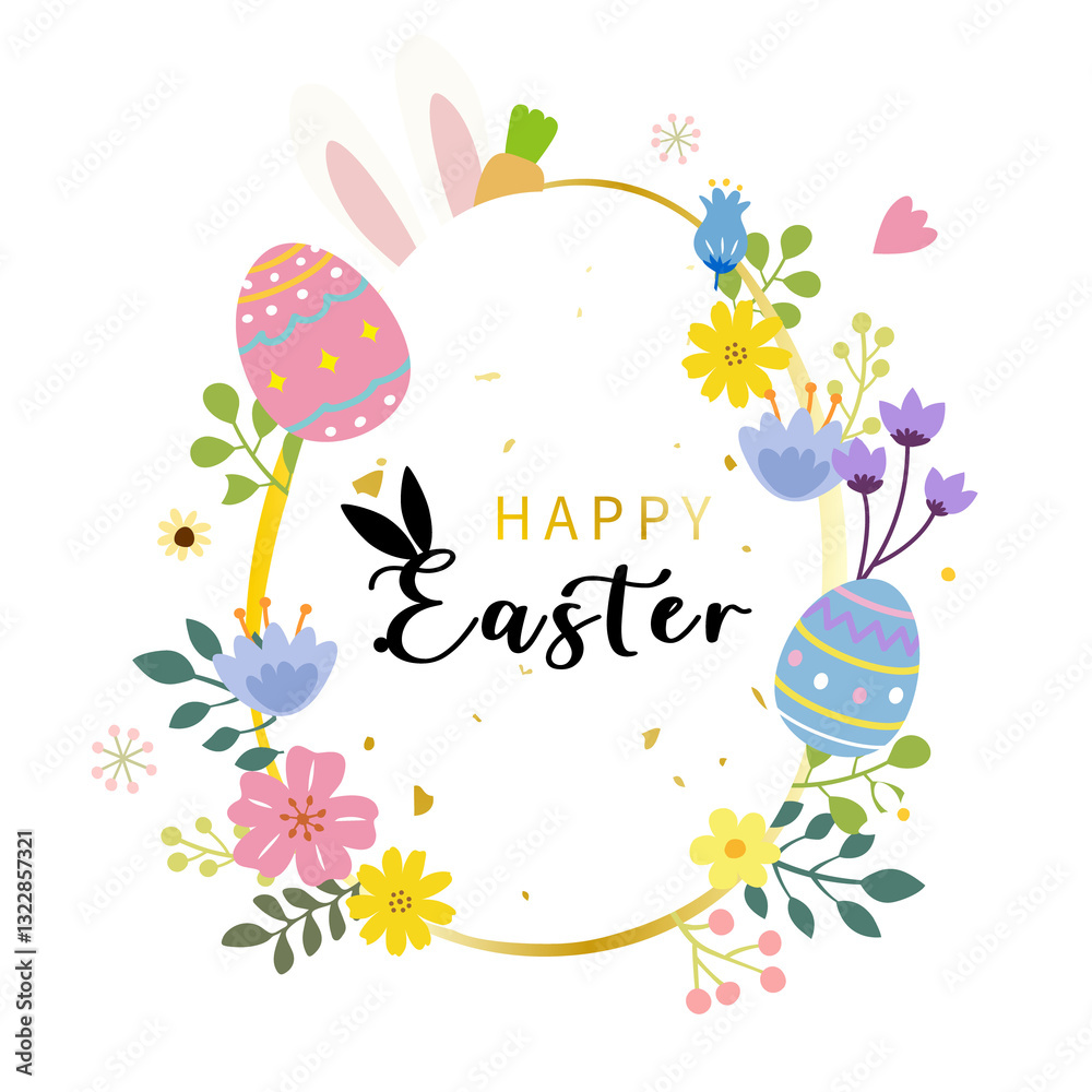 Fototapeta premium Easter title design with Easter eggs, beautiful flowers and bunny
