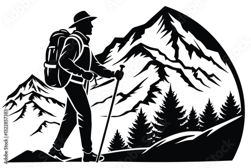 Mountain trekking person silhouette vector illustration isolated on a white background