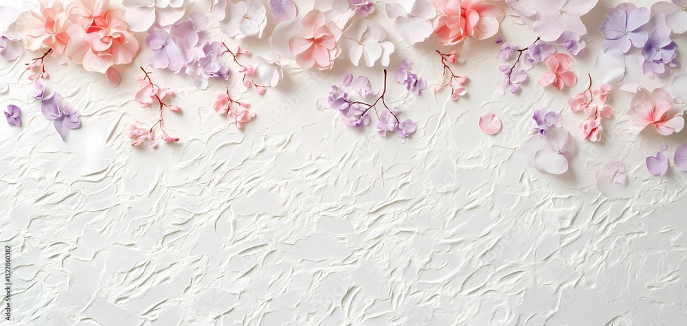Obraz premium A soothing pastel floral wallpaper with soft pink and lilac petals scattered across a textured off-white background.