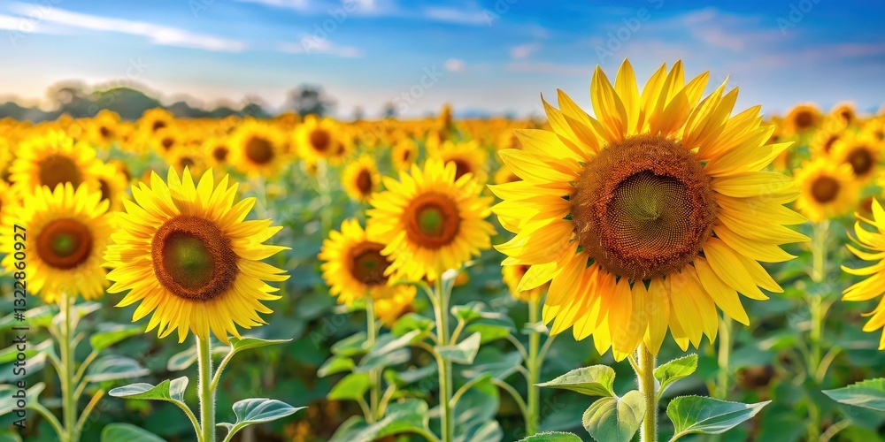 A field of tall, bright yellow sunflowers swaying gently in the breeze on a warm summer day, flowers, field A field of tall, bright yellow sunflowers swaying gently in the breeze on a warm summer day, flowers, field
