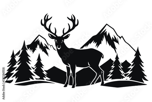 Silhouette mountain deer line art, Black and White Stock Photo, black color silhouette