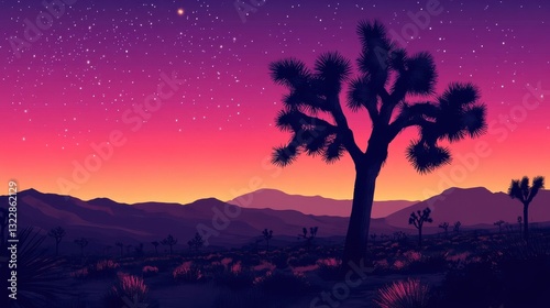Desert Sunset Silhouette Joshua Tree Mountains Stars