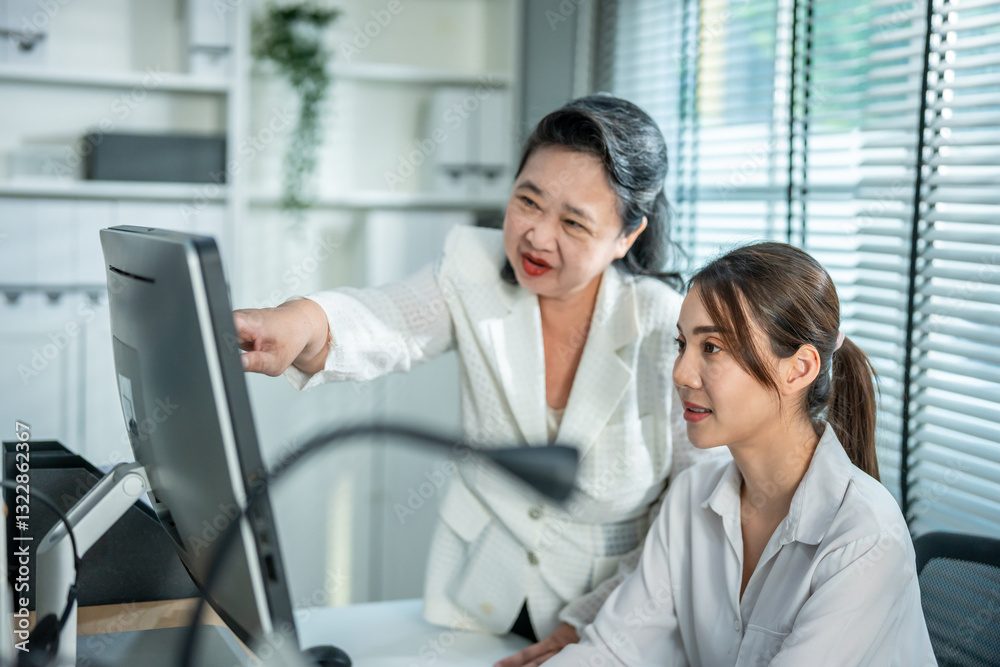 Fototapeta premium Asian senior executive and businesswoman worker working in the office. 