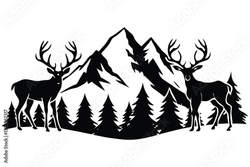 Black silhouette of deer family with baby and forest fir trees wildlife adventure
