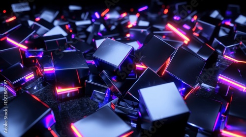 Abstract 3D Cubes  Neon Red Blue Metal Blocks Chaos Background