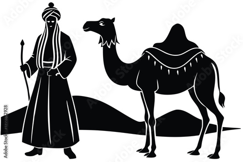 Silhouette of muslim man walks leading a tied camel black color only