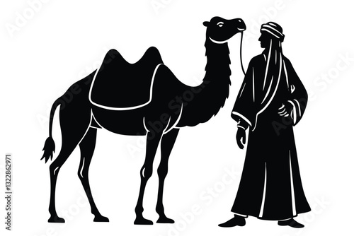 Silhouette of muslim man walks leading a tied camel black color only