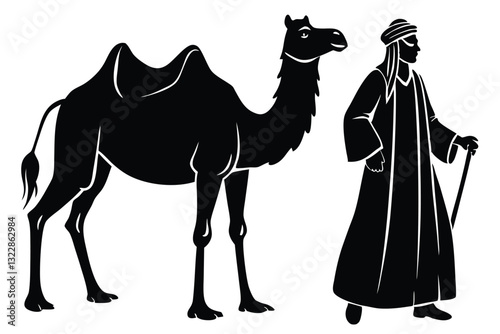 Silhouette of muslim man walks leading a tied camel black color only