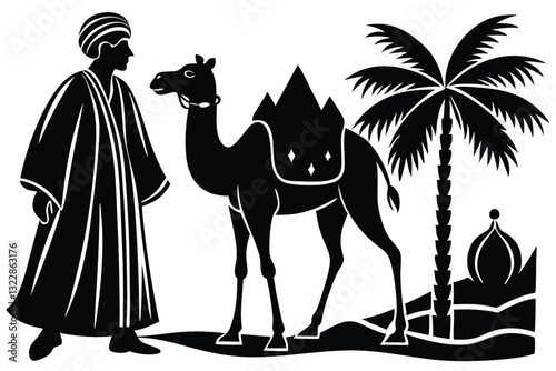 Silhouette of muslim man walks leading a tied camel black color only