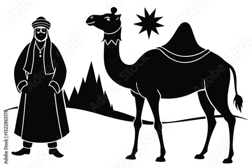 Silhouette of muslim man walks leading a tied camel black color only