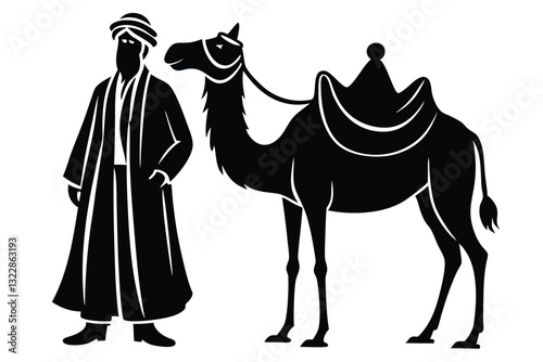 Silhouette of muslim man walks leading a tied camel black color only
