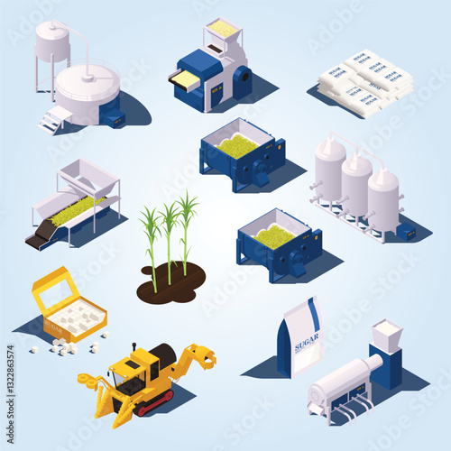 Sugar cane production isometric infographics with cane harvester sorting clarifier evaporator shredder sugar storage elements vector illustration