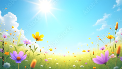 A wildflower meadow under a bright blue sky, filled with colorful flowers swaying in the breeze. The scene evokes joy, freedom, and the beauty of nature in full bloom.