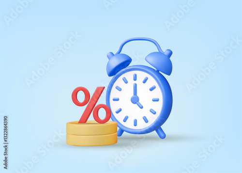 3D illustration vector render of alarm clock icon, stack of coins and percentage sign. Concept of financial returns increasing over time, compound interest investment, fixed deposit, asset growth.