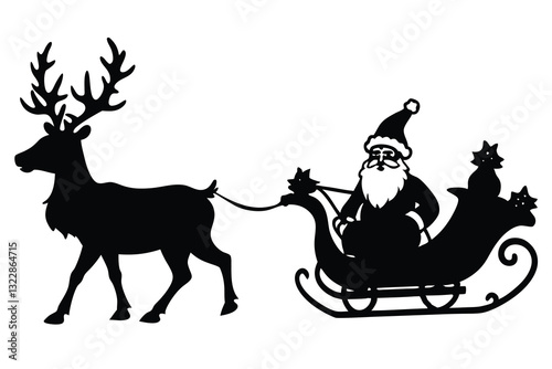 Silhouette of Santa Claus sleigh with a group of reindeer