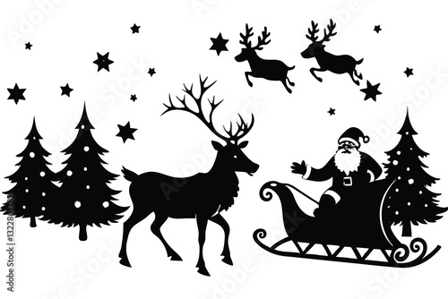 Silhouette of Santa Claus sleigh with a group of reindeer