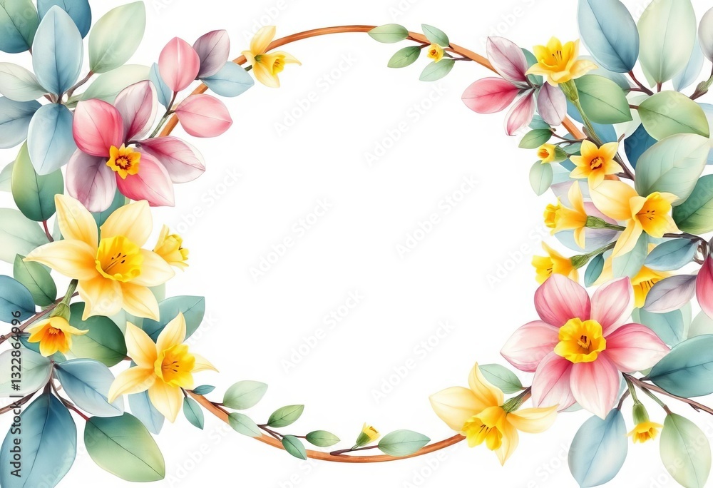 Soft watercolor oval frame, eucalyptus leaves & daffodils, elegant, painting Soft watercolor oval frame, eucalyptus leaves & daffodils, elegant, painting