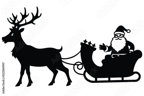 A black and white drawing silhouette of a reindeer sleigh with a Santa on the back